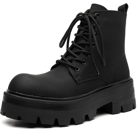 Men's Black Leather Lace-up Platform Combat Boots Wide Toe Side Zipper Chunky He
